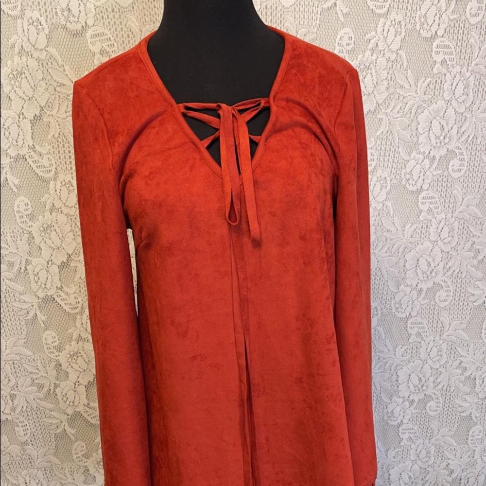 S Faux Suede Long Sleeve V-Neck Top